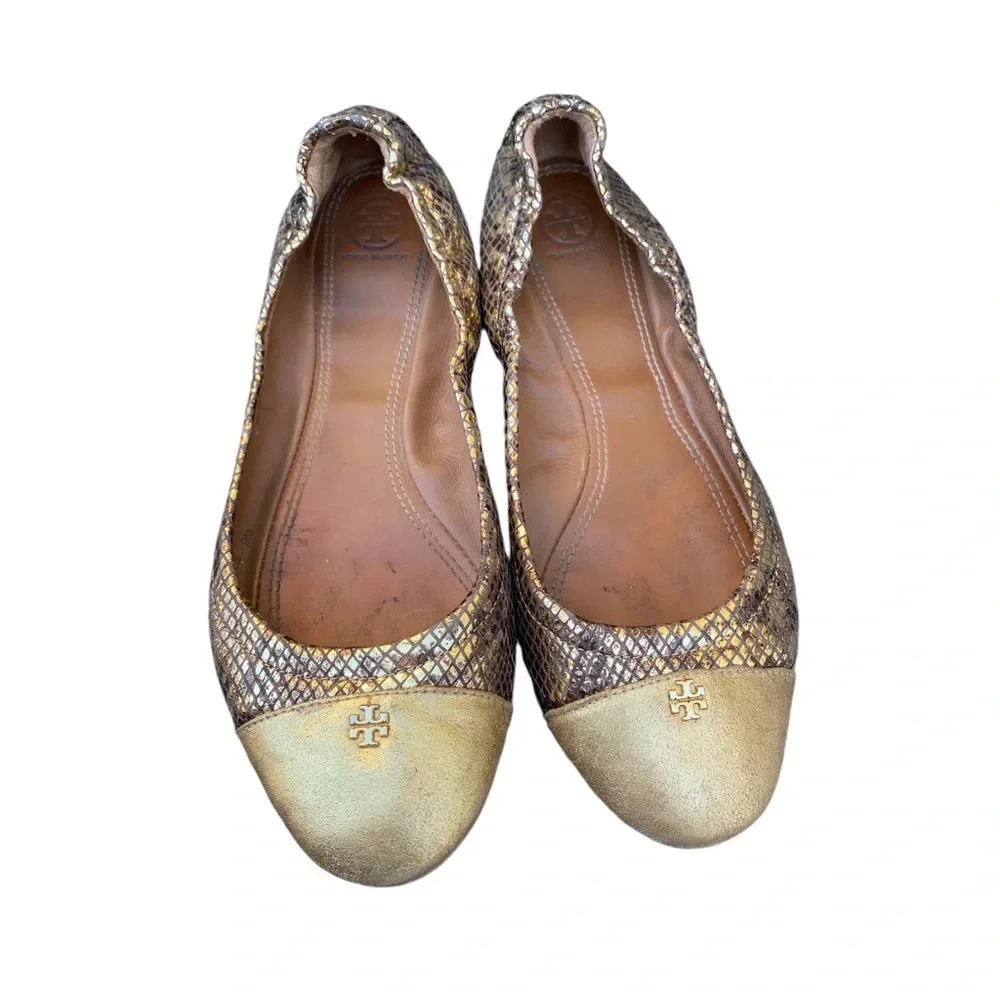 Tory Burch Snakeskin Metallic gold flats with small back hee size 9
